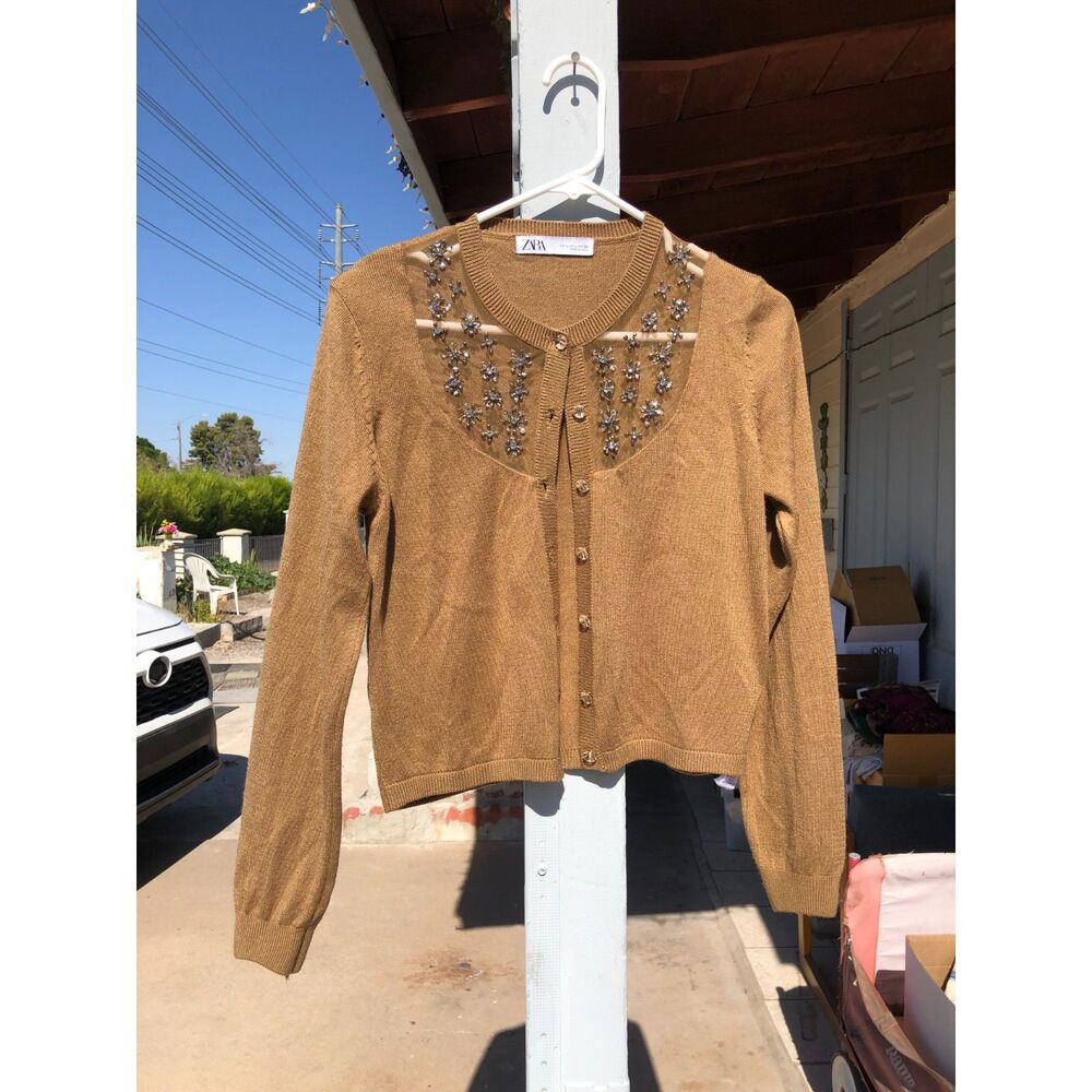 Y2K Zara Tan Embellished Crop Cardigan Sequin Rhinestone Jewel Knit Sweater Sz L